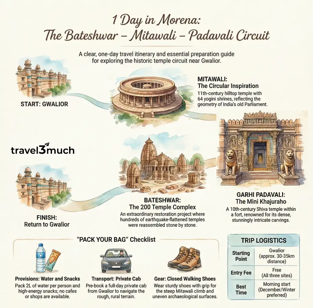 Infographic showing the 1-day travel itinerary for Mitawali, Padavali, and Bateshwar temples from Gwalior